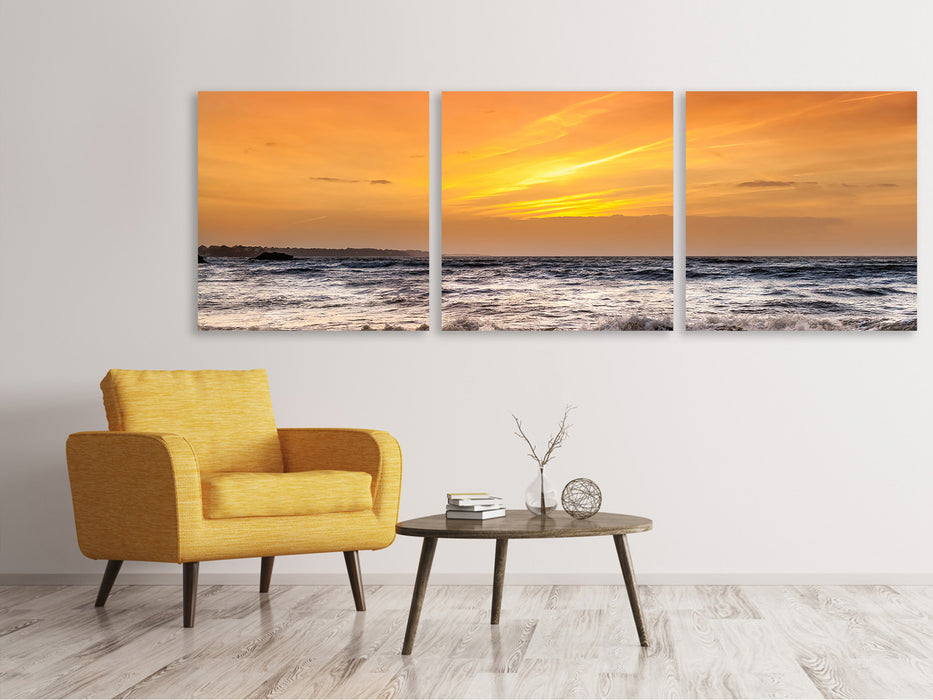 Panoramic 3-piece canvas picture lake with sunset