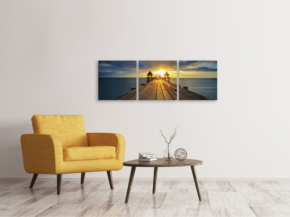 Panoramic 3-piece canvas picture The sunset at the wooden bridge