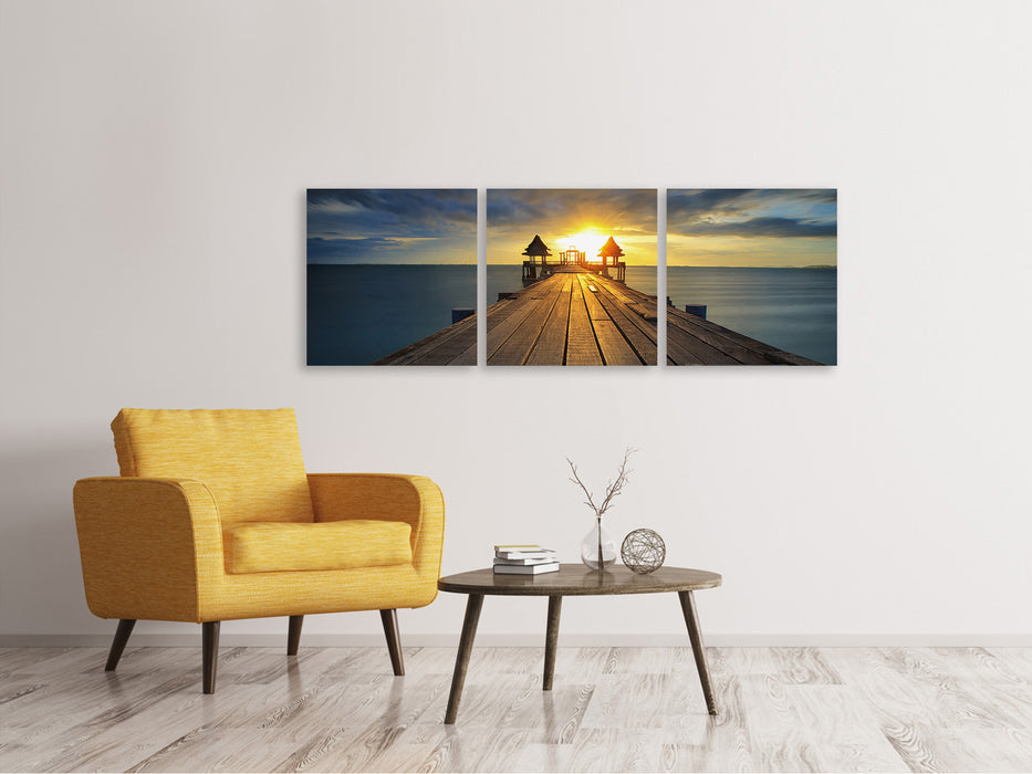 Panoramic 3-piece canvas picture The sunset at the wooden bridge