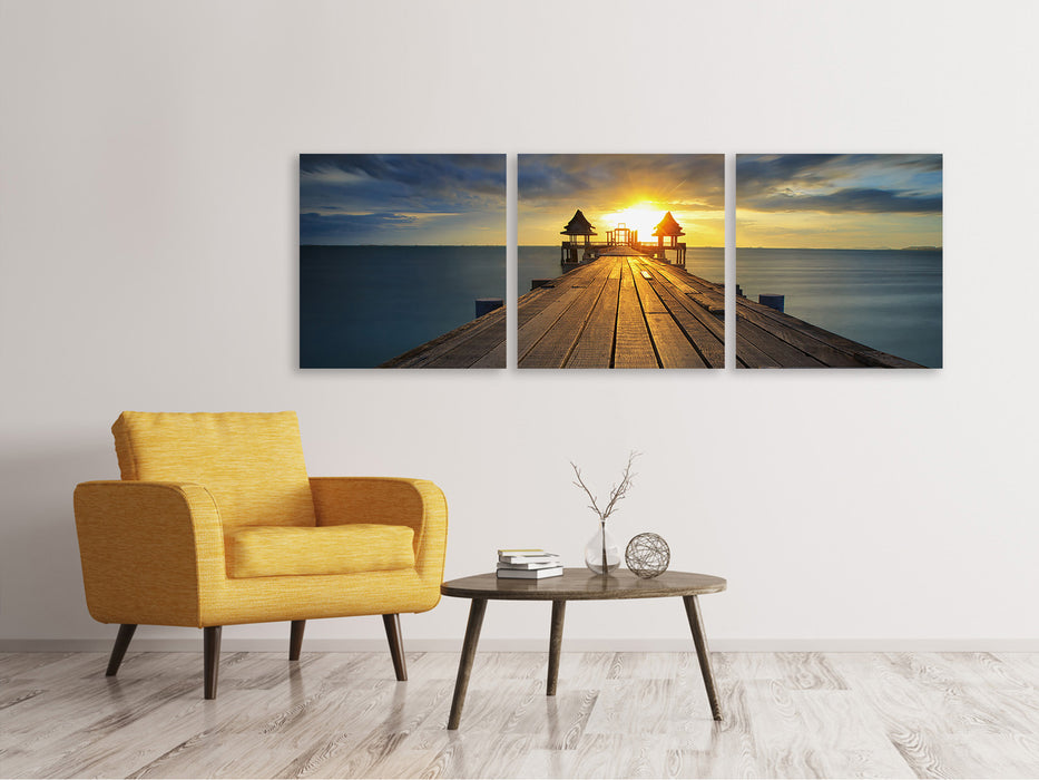 Panoramic 3-piece canvas picture The sunset at the wooden bridge