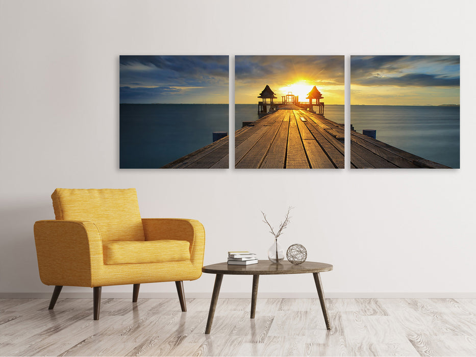 Panoramic 3-piece canvas picture The sunset at the wooden bridge