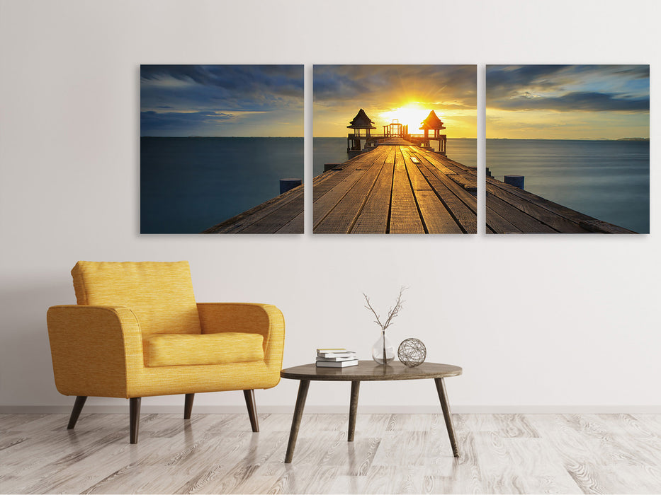 Panoramic 3-piece canvas picture The sunset at the wooden bridge