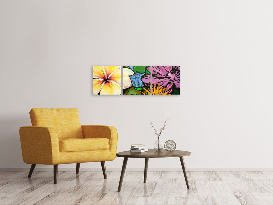 Panoramic 3-piece canvas picture Graffiti Flowers