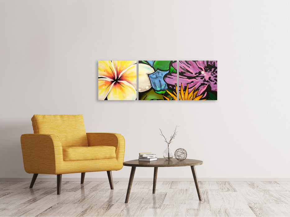 Panoramic 3-piece canvas picture Graffiti Flowers