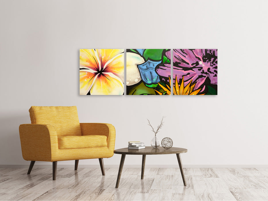 Panoramic 3-piece canvas picture Graffiti Flowers