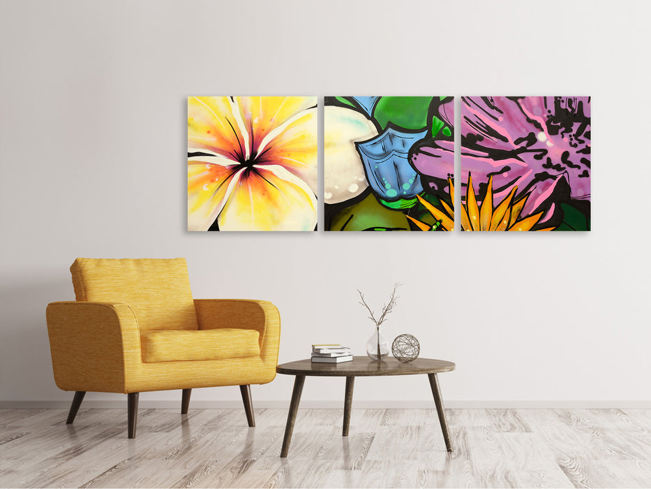 Panoramic 3-piece canvas picture Graffiti Flowers