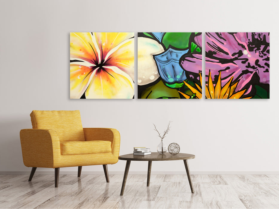 Panoramic 3-piece canvas picture Graffiti Flowers