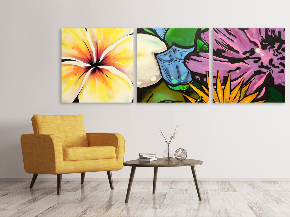 Panoramic 3-piece canvas picture Graffiti Flowers