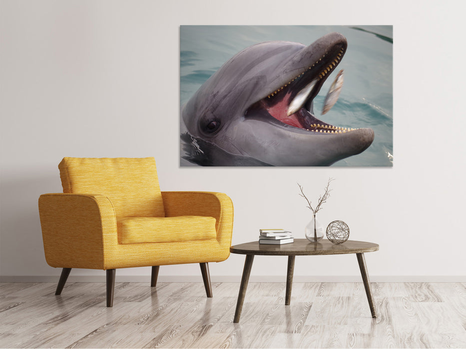 Canvas print Dinner time for a dolphin