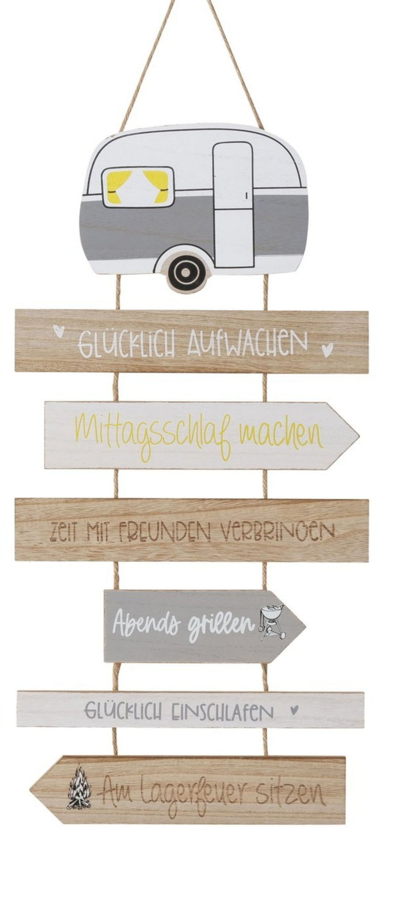 Landhaus Garten Holzplankenschild , Modell: CAMPING REGELN GLÜCKLICH AUFWACHEN , Material Holz mit Campingwagen, Maße 59 x 30 cm, Naturband, ideal für Garten, Terrasse