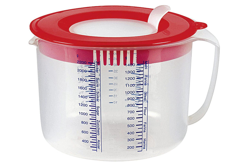 Dr. Oetker Mess-und Rührbecher 2,2 l rot / transparent mit Spritzschutz