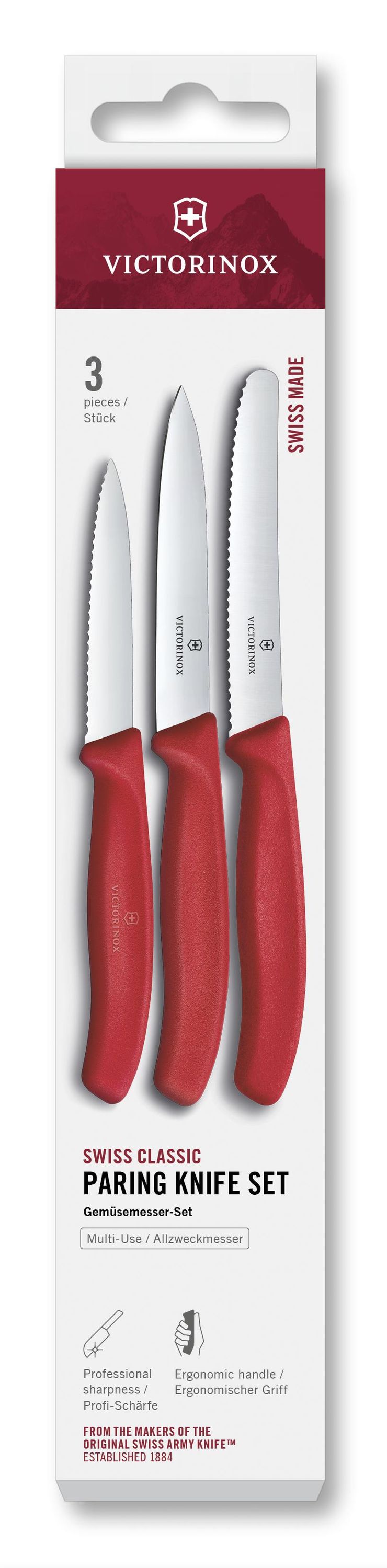 VICTORINOX Gemüsemesser Set gerade/Wellen rot 3teilig