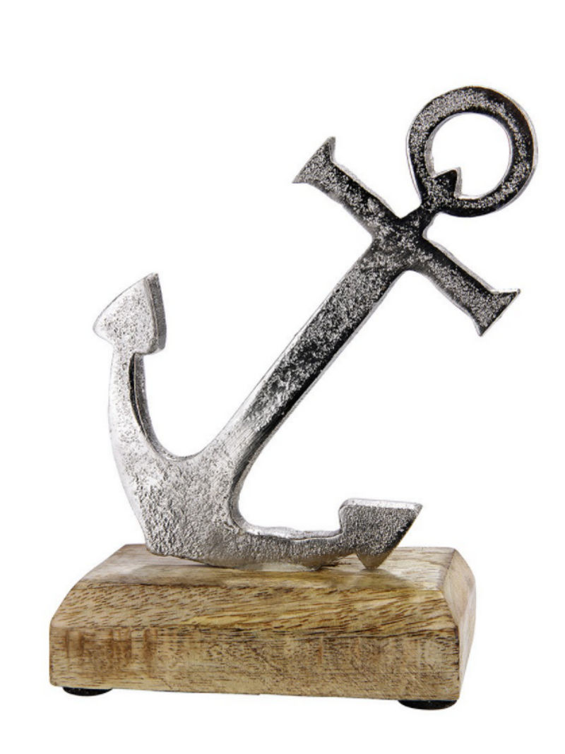 Edler maritimer Aufsteller, Mango-Holz und brüniertes Aluminium,  Modell: Anker, Maße 16 x 11 x 5 cm, Farbe Natur und Aluminium