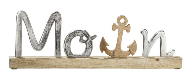 Großer edler maritimer Schriftzug auf Mango-Holz in brüniertem Aluminium als Aufsteller, Modell: MOIN , Maße 43 x 14 x 5 cm, Farbe Natur und Aluminium, tolle Deko fürs Cafe oder Zuhause