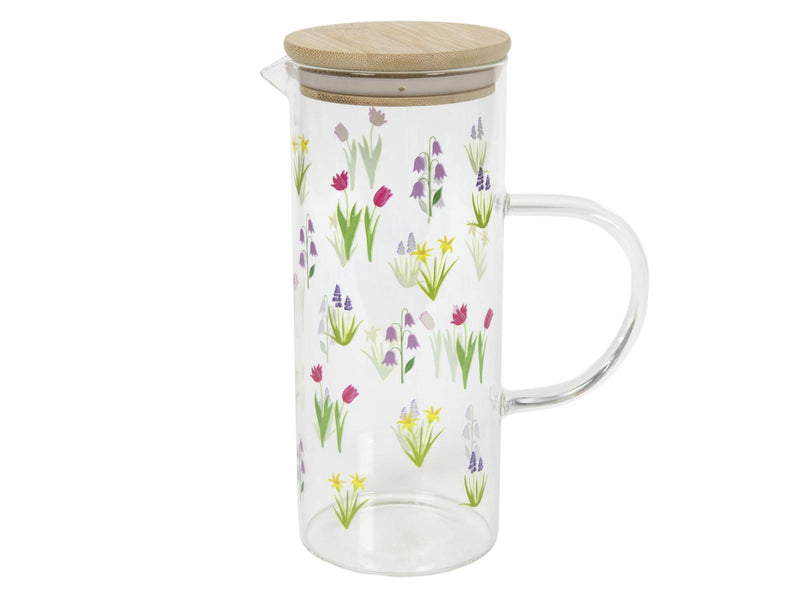 Glaskaraffe m. Bambusdeckel Blumendruck 1l