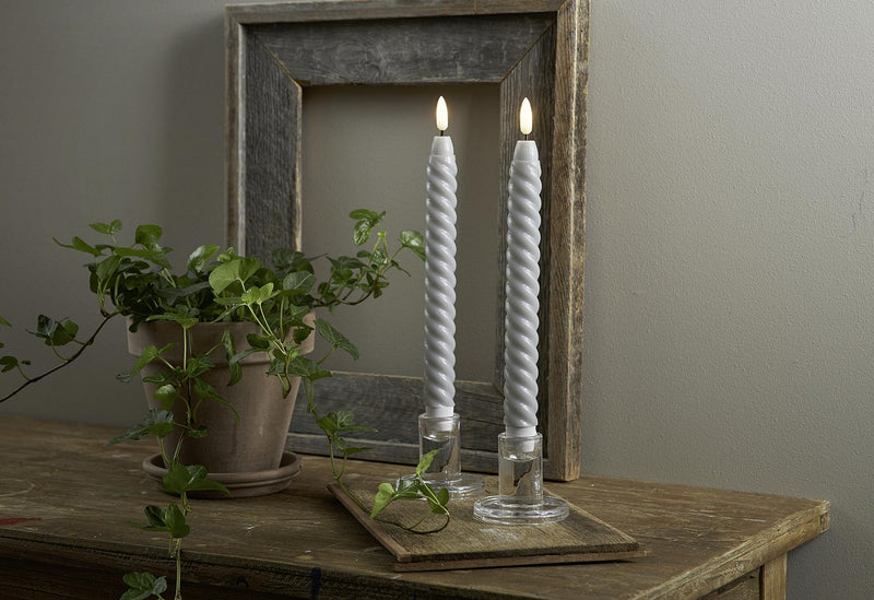 STAR TRADING LED-Echtwachs-Leuchterkerze Flamme Swirl Antique 25x2,3cm grau 2Stück