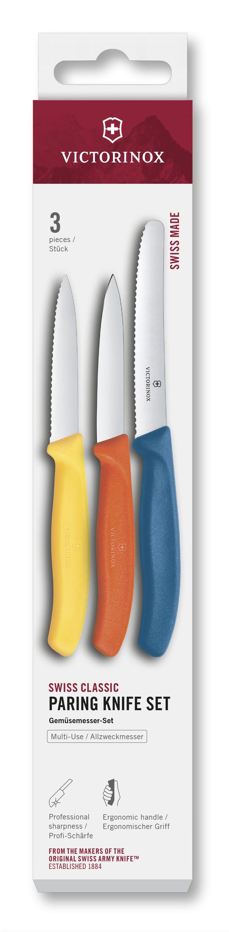 VICTORINOX Gemüsemesser Set gerade/Wellen gelb/orange/blau 3teilig