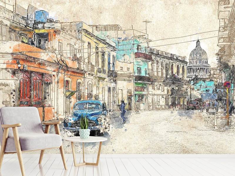 Fototapete Gemälde Oldtimer Kuba