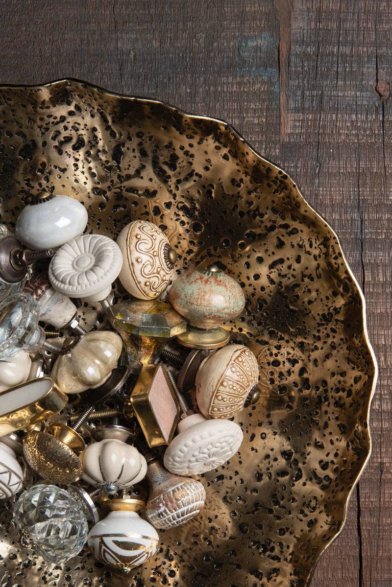 4er-Set Vintage Möbelknöpfe, Modell LUZERN , Metall und Glas harmonisch kombiniert, Landhausstil gemustert, Durchmesser 4 cm, Länge 7 cm ungekürzt.