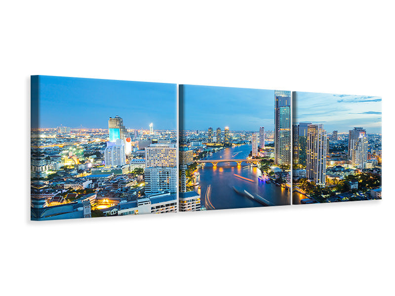 Panorama Leinwandbild 3-teilig Skyline Bangkok in der Abenddämmerung