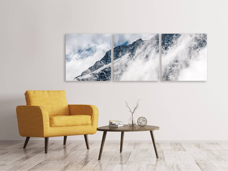 Tableau sur toile panoramique en 3 parties vue sur la montagne avec des nuages