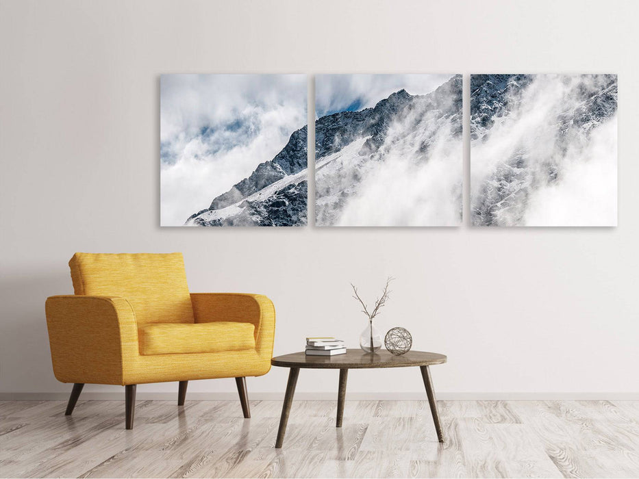 Tableau sur toile panoramique en 3 parties vue sur la montagne avec des nuages