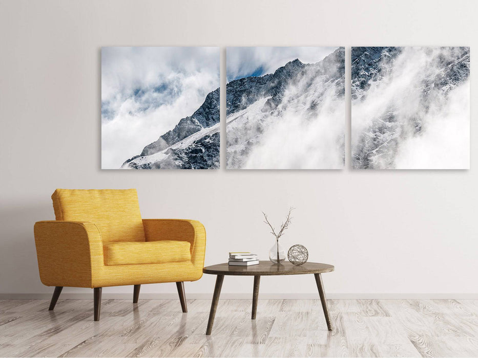 Tableau sur toile panoramique en 3 parties vue sur la montagne avec des nuages