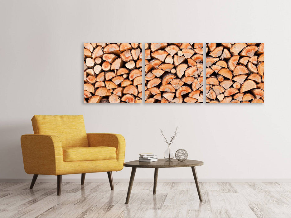 Panoramic 3-piece canvas picture Birch stacks