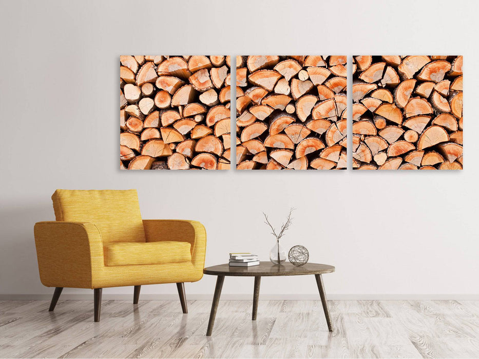 Panoramic 3-piece canvas picture Birch stacks