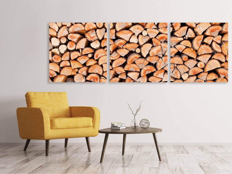 Panoramic 3-piece canvas picture Birch stacks