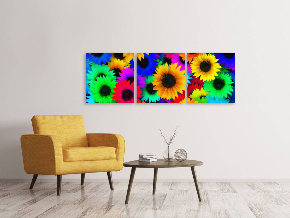 Panorama Leinwandbild 3-teilig Bunte Sonnenblumen