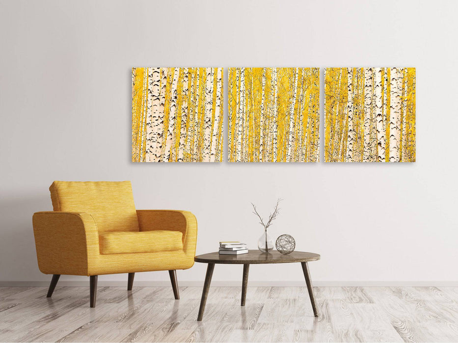 Panorama 3-piece canvas picture The birch forest in autumn