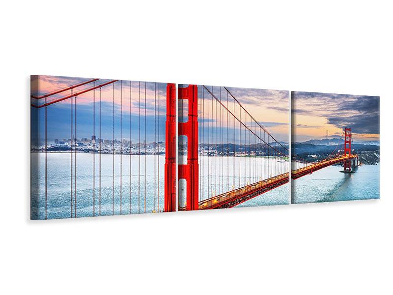 Panoramic 3-piece canvas picture of the Golden Gate Bridge at sunset