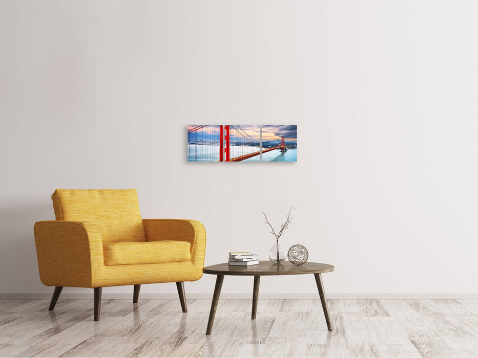 Panoramic 3-piece canvas picture of the Golden Gate Bridge at sunset