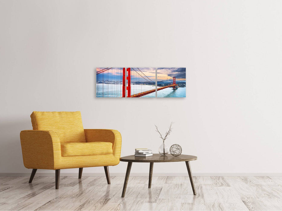 Panoramic 3-piece canvas picture of the Golden Gate Bridge at sunset