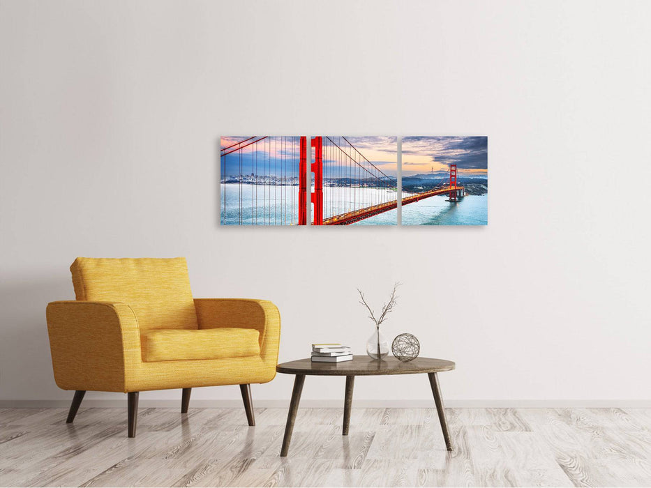 Panoramic 3-piece canvas picture of the Golden Gate Bridge at sunset