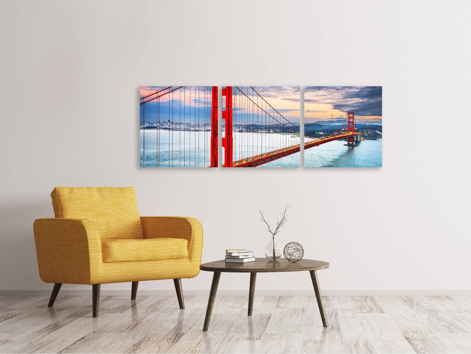 Panoramic 3-piece canvas picture of the Golden Gate Bridge at sunset