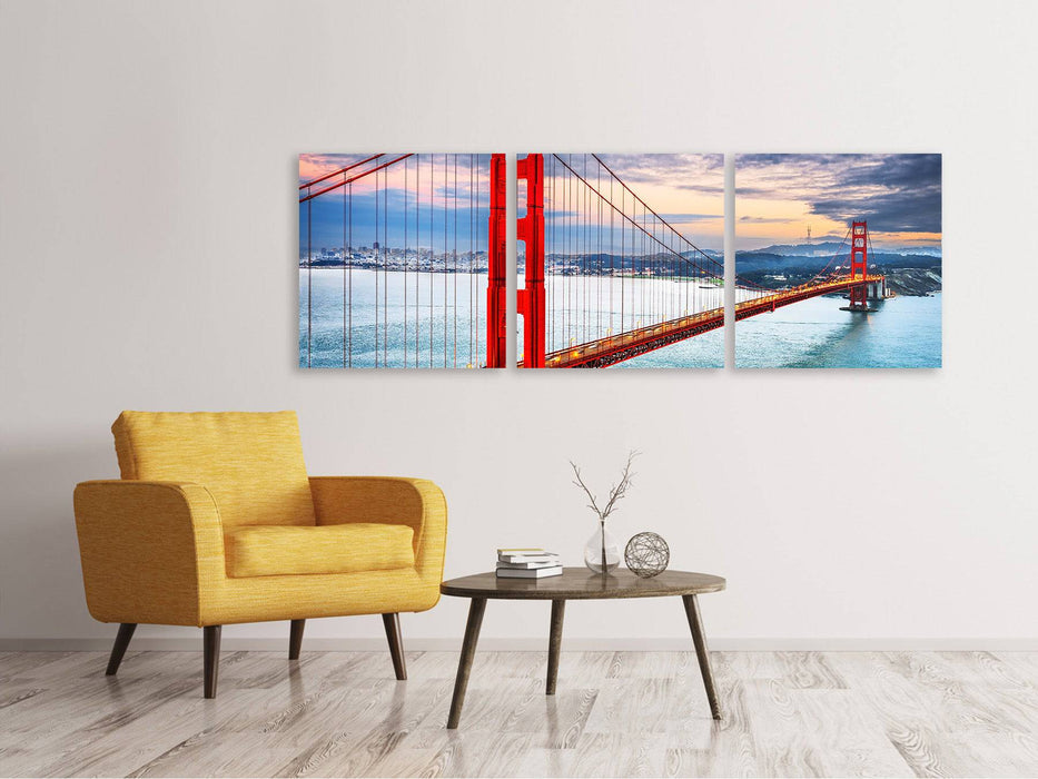 Panoramic 3-piece canvas picture of the Golden Gate Bridge at sunset