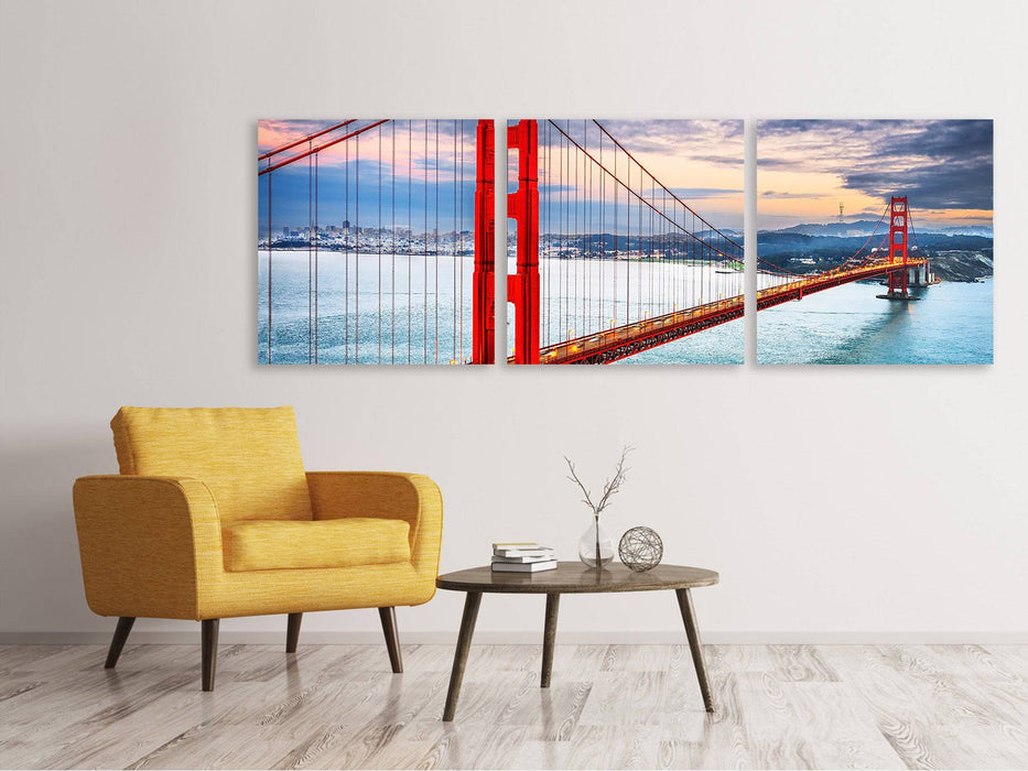 Panoramic 3-piece canvas picture of the Golden Gate Bridge at sunset