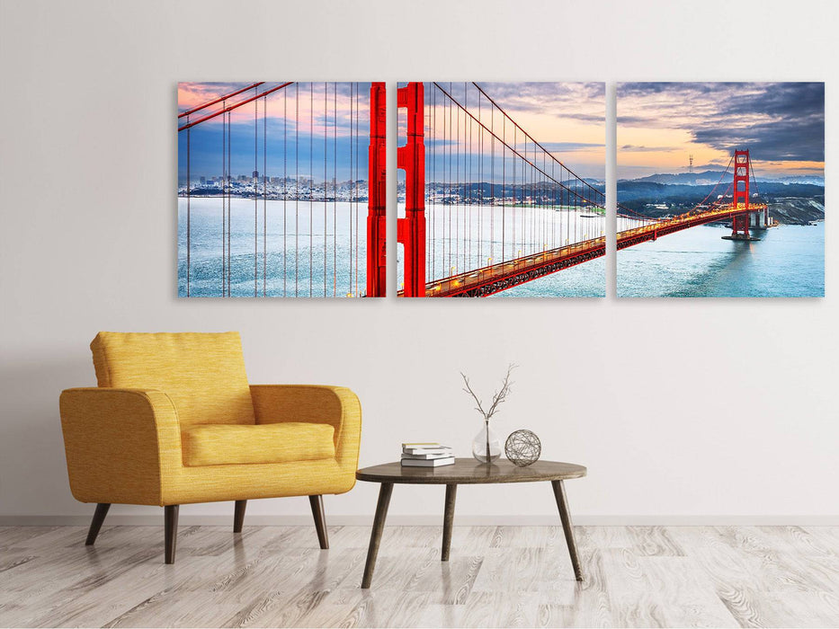 Panoramic 3-piece canvas picture of the Golden Gate Bridge at sunset