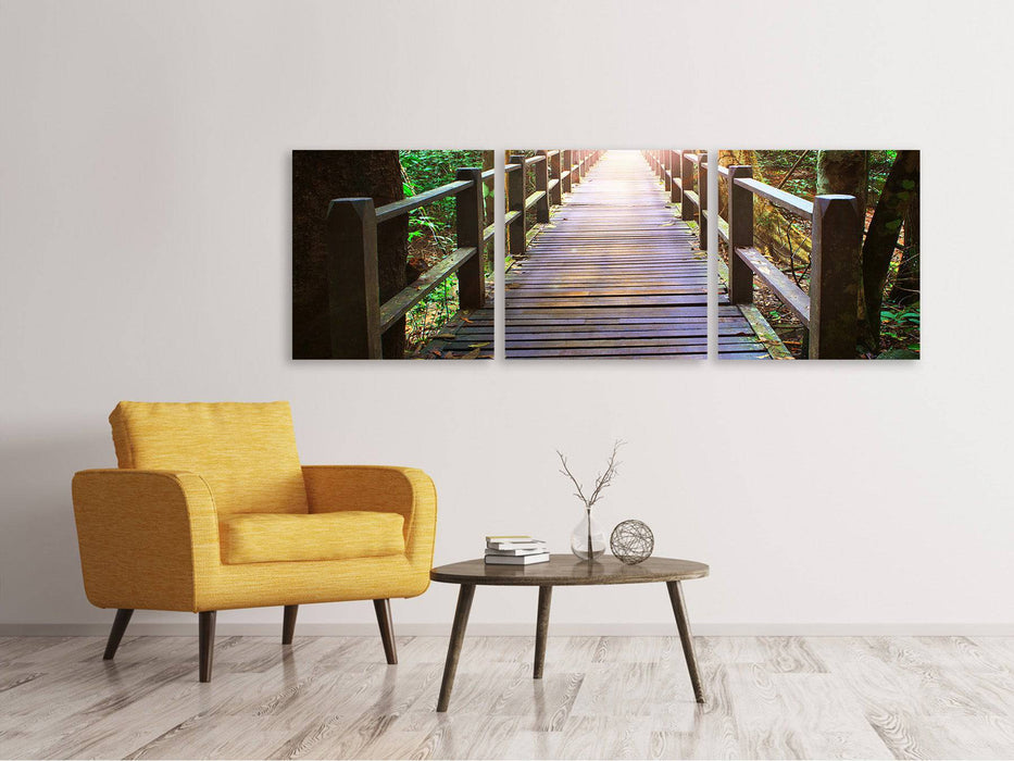 Panoramic 3-piece canvas picture The bridge in the forest