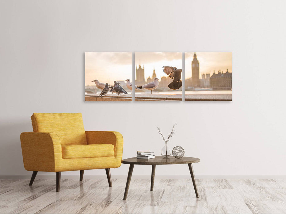 Panoramic 3-piece canvas picture The pigeons on the roof