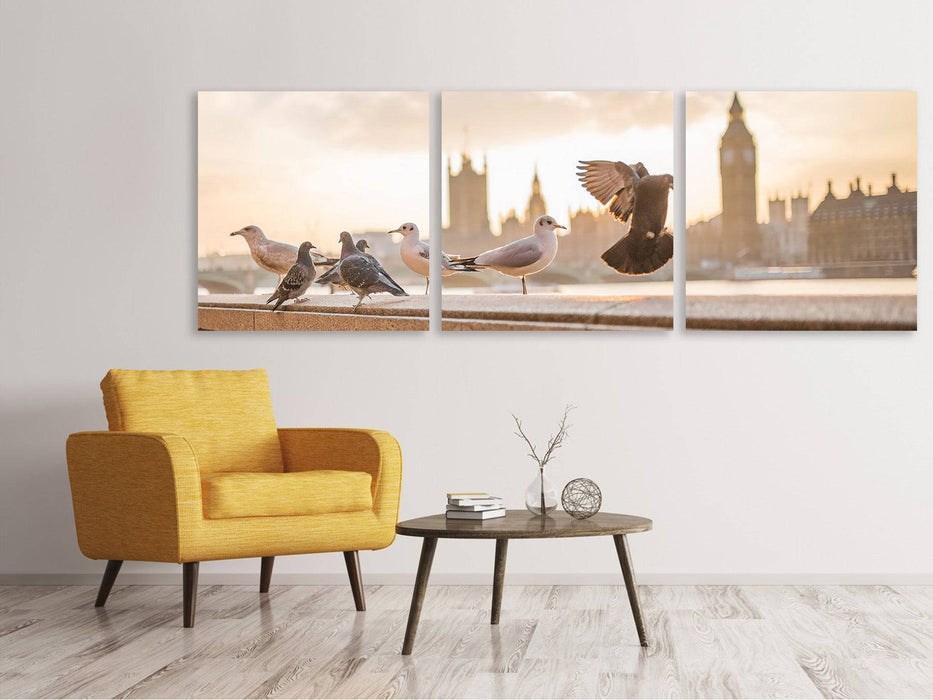 Panoramic 3-piece canvas picture The pigeons on the roof