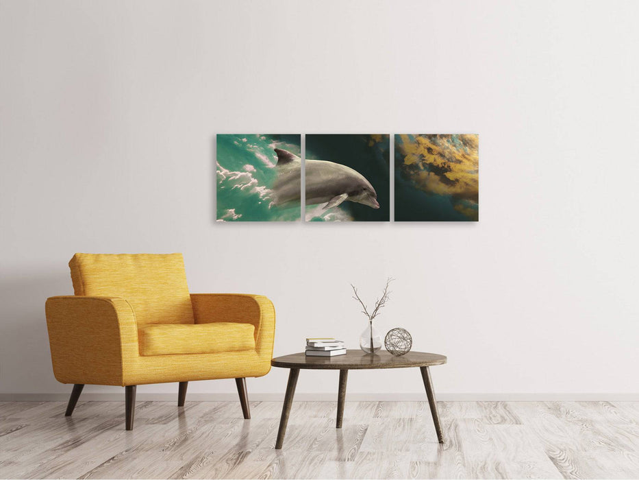 Panoramic 3-piece canvas picture fascination with dolphins