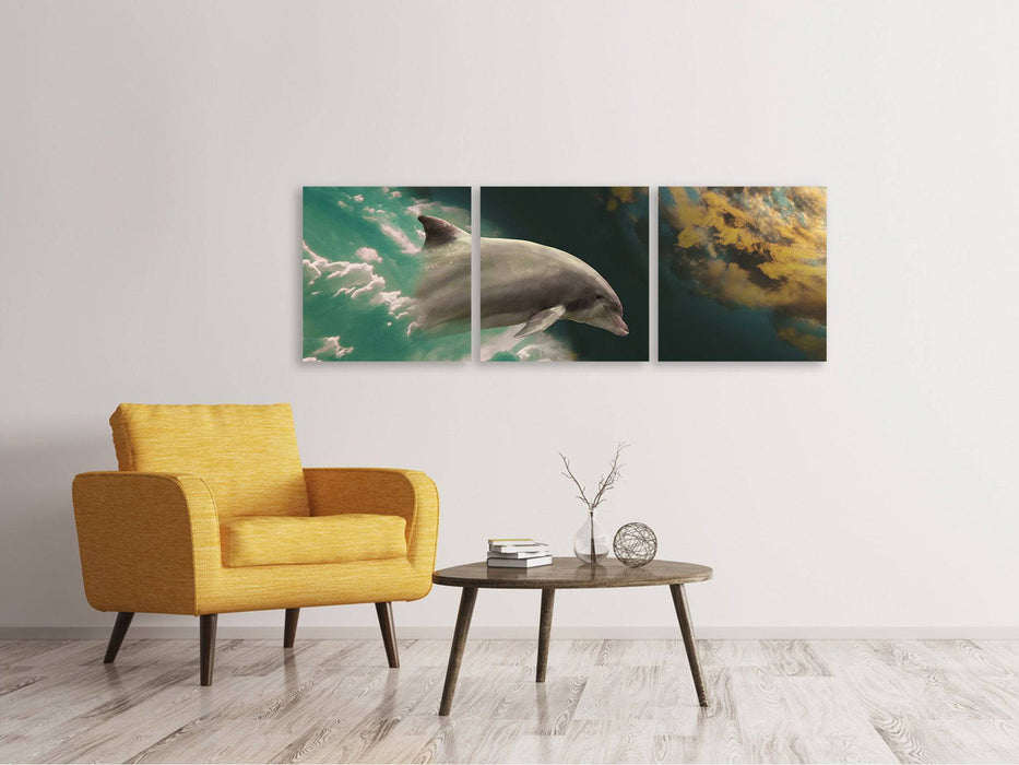 Panoramic 3-piece canvas picture fascination with dolphins