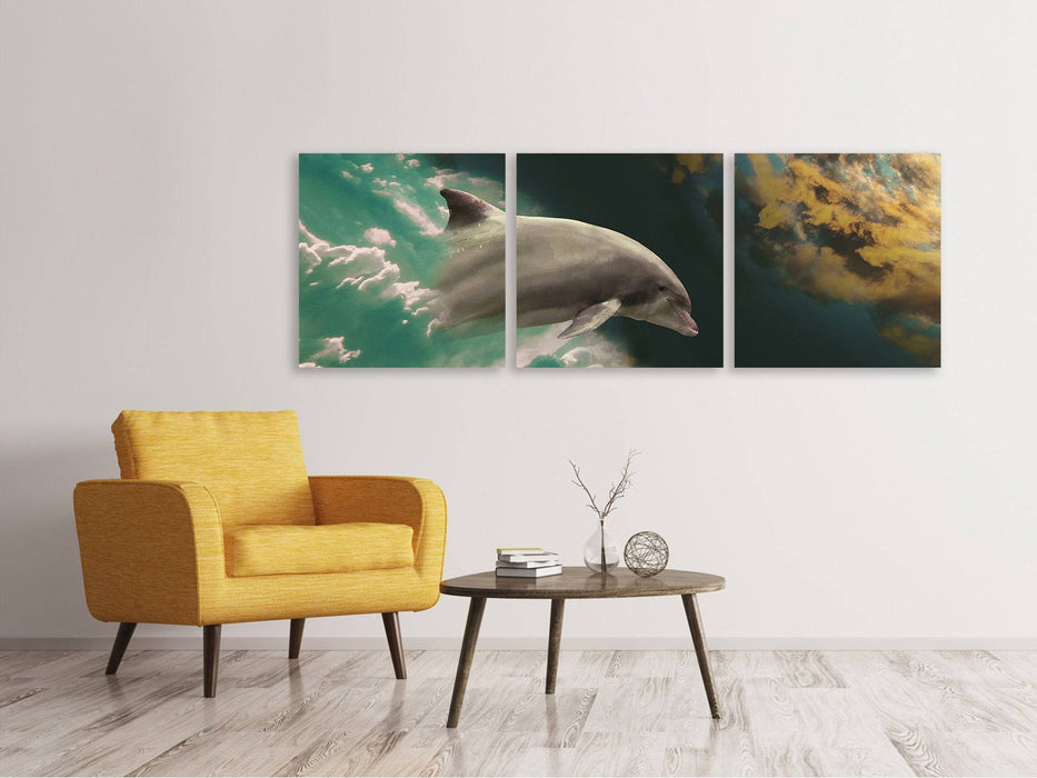 Panoramic 3-piece canvas picture fascination with dolphins