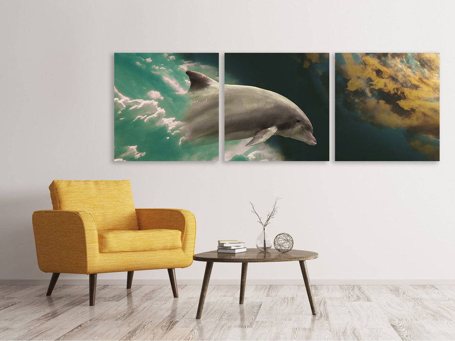 Panoramic 3-piece canvas picture fascination with dolphins