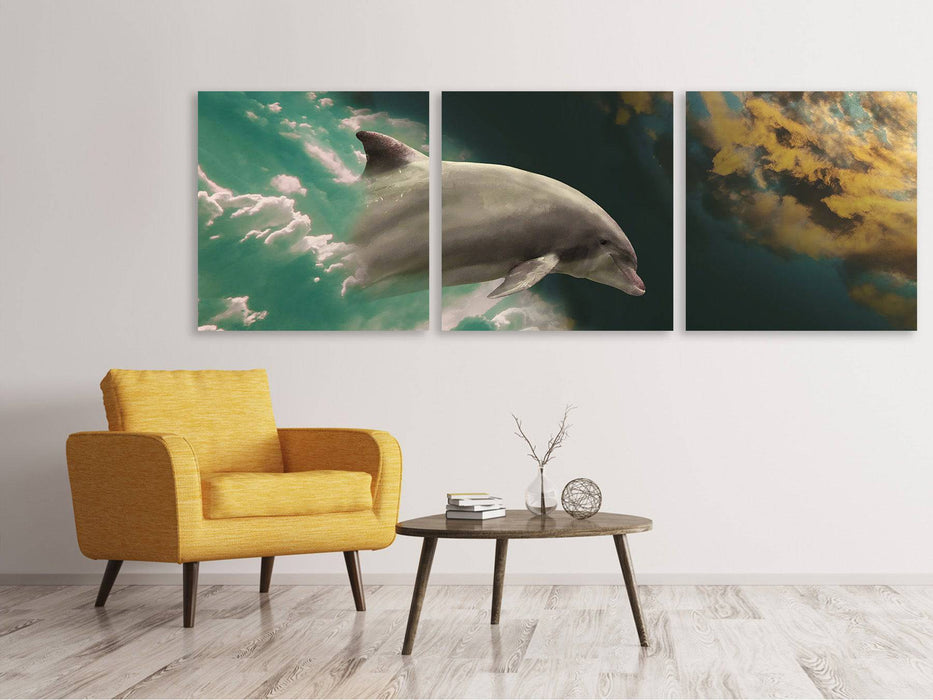 Panoramic 3-piece canvas picture fascination with dolphins