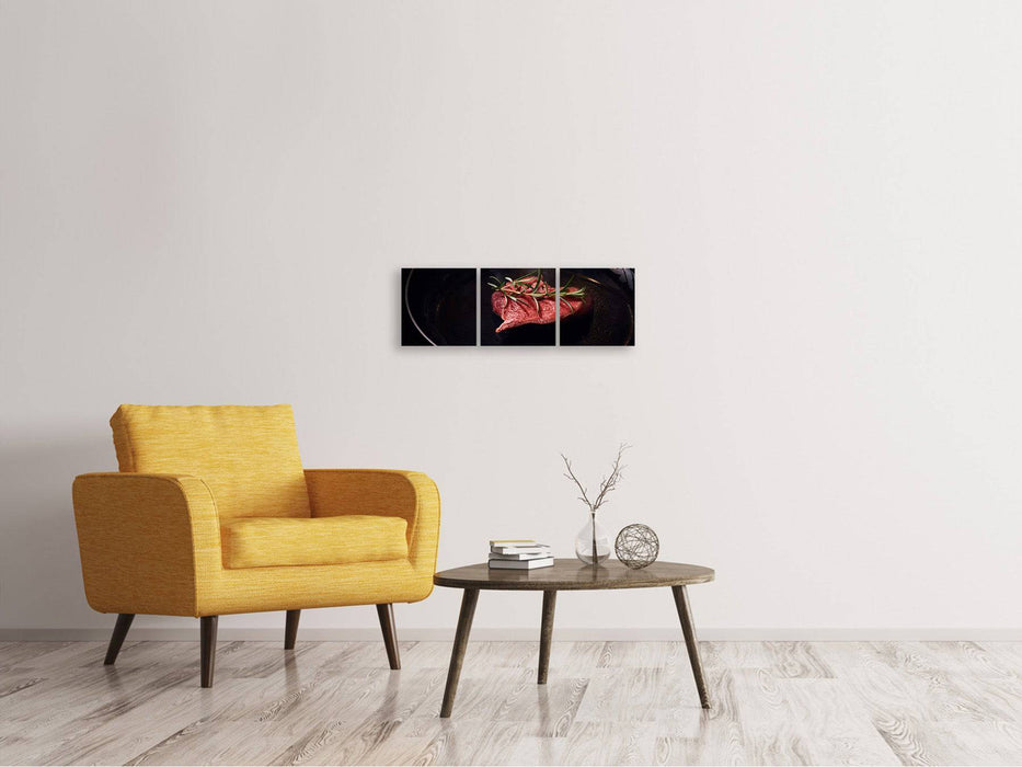 Panoramic 3-piece canvas picture Meat in the pan