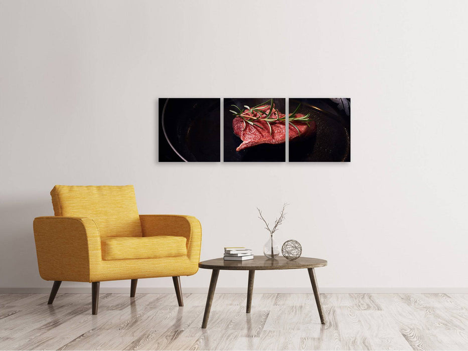 Panoramic 3-piece canvas picture Meat in the pan